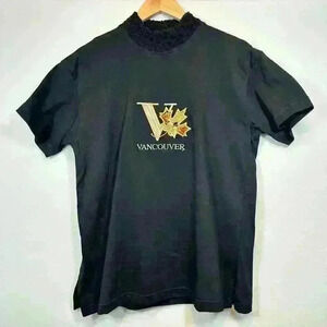 VINTAGE 90s Y2K Black T-Shirt Crochet Neck Embroidered Vancouver Canada Large